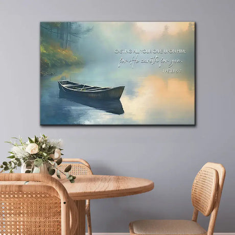 Christian wall art with 1 Peter 5:7 KJV: "Casting all your care upon Him." Inspirational Bible verse gift for faith-based decor.
