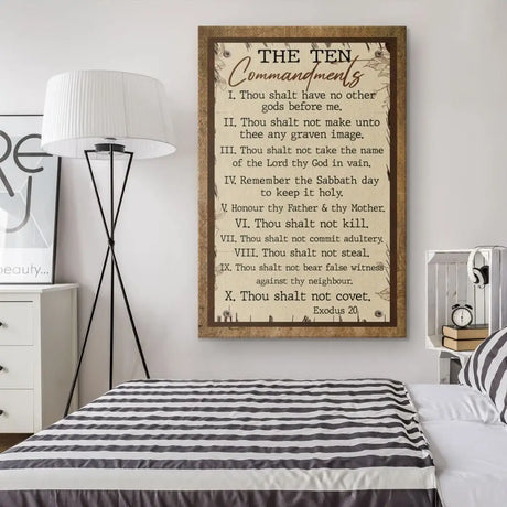 Canvas print of the Ten Commandments, providing a religious and motivational accent for Christian wall art enthusiasts.