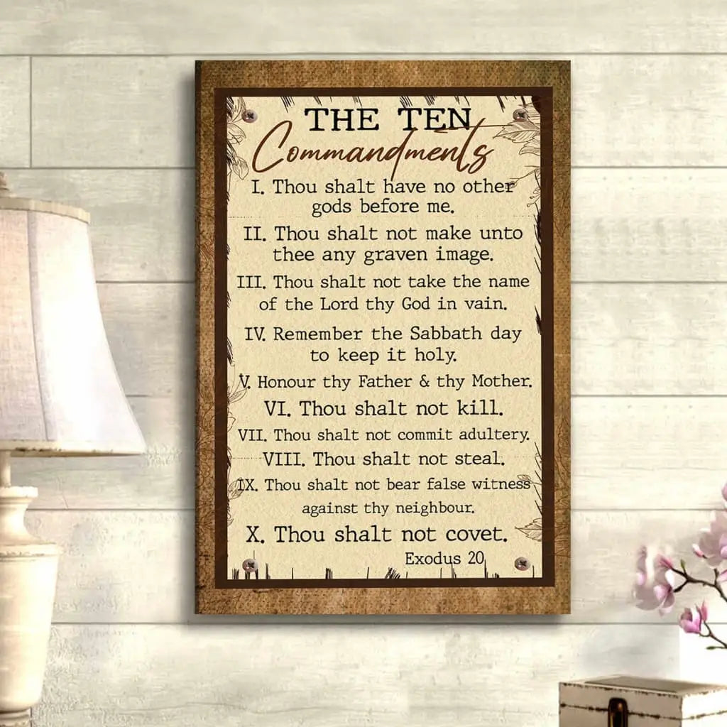 Faith-based wall art featuring the Ten Commandments, blending scriptural guidance with artistic design for your living area.