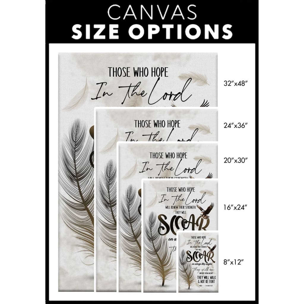 Faith-based wall art featuring Isaiah 40:31, "Soar on Wings Like Eagles," with a feather, perfect for Christian gifts / Canvas size options.