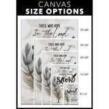 Faith-based wall art featuring Isaiah 40:31, "Soar on Wings Like Eagles," with a feather, perfect for Christian gifts / Canvas size options.