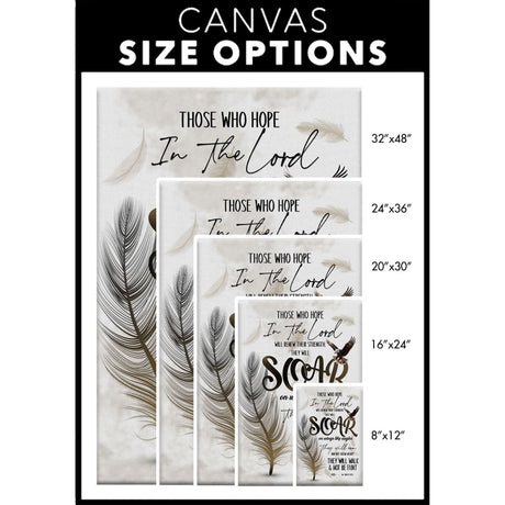 Faith-based wall art featuring Isaiah 40:31, "Soar on Wings Like Eagles," with a feather, perfect for Christian gifts / Canvas size options.