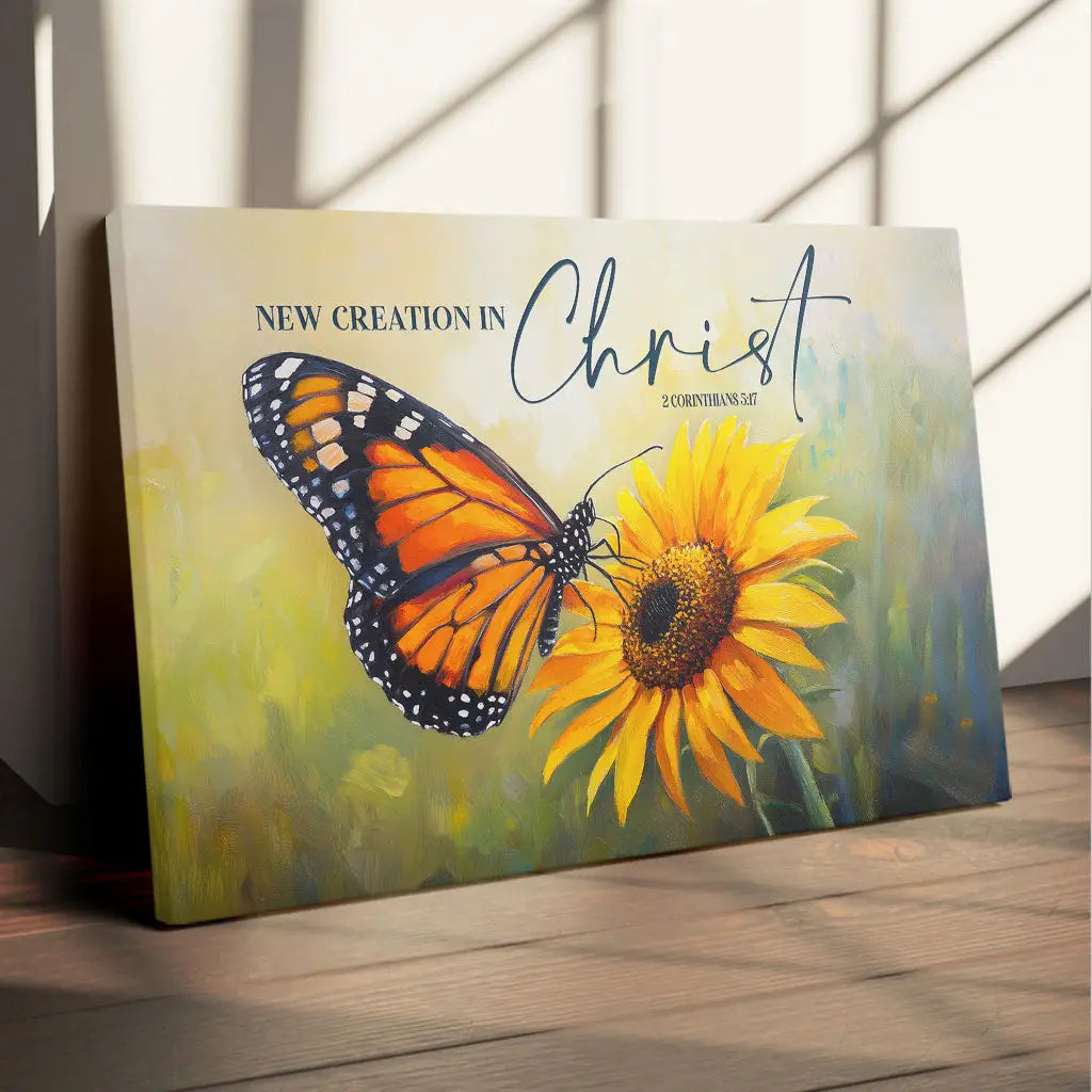 2 Cor 5:17 New Creation in Christ Butterfly Flowers Christian Wall Art Canvas