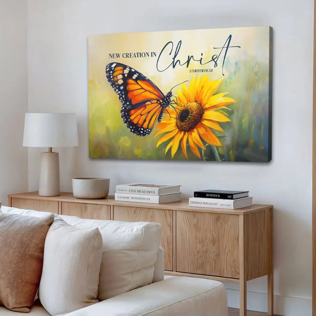 2 Cor 5:17 New Creation in Christ Butterfly Flowers Christian Wall Art Canvas