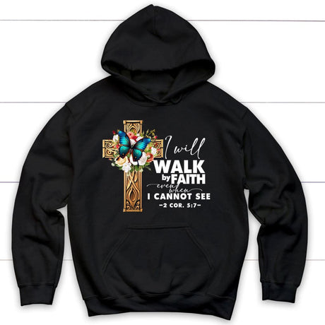 2 Cor 5:7 Walk by faith Butterfly Cross Hoodie Black / S