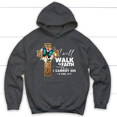2 Cor 5:7 Walk by faith Butterfly Cross Hoodie Dark Heather / S