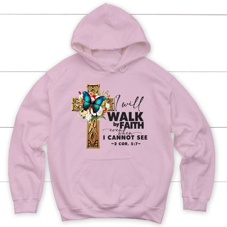 2 Cor 5:7 Walk by faith Butterfly Cross Hoodie Light Pink / S