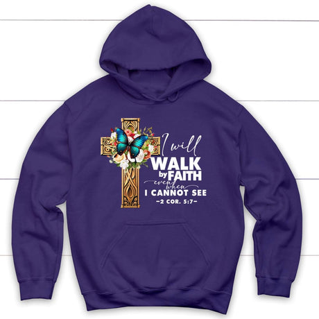 2 Cor 5:7 Walk by faith Butterfly Cross Hoodie Purple / S