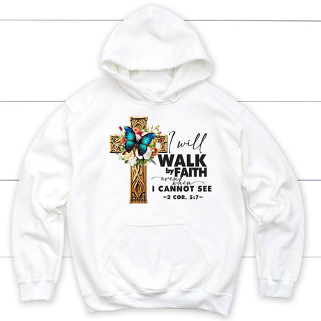 2 Cor 5:7 Walk by faith Butterfly Cross Hoodie White / S