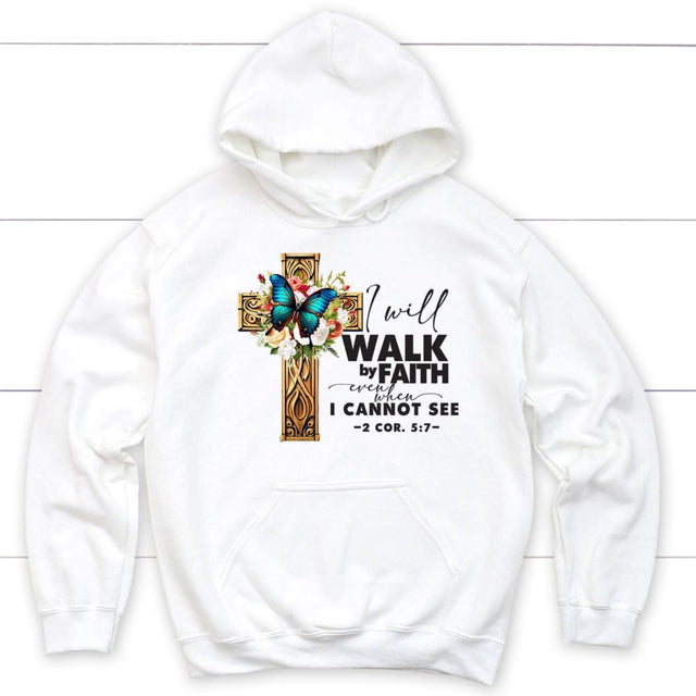 2 Cor 5:7 Walk by faith Butterfly Cross Hoodie White / S