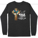 2 Cor 5:7 Walk by faith Butterfly Cross Long Sleeve Shirt Dark Grey Heather / S
