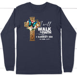 2 Cor 5:7 Walk by faith Butterfly Cross Long Sleeve Shirt Navy / S