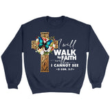 2 Cor 5:7 Walk by faith Butterfly Cross Sweatshirt Navy / S