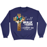 2 Cor 5:7 Walk by faith Butterfly Cross Sweatshirt Purple / S
