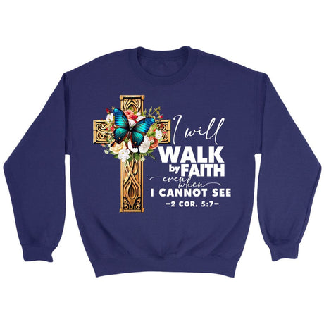 2 Cor 5:7 Walk by faith Butterfly Cross Sweatshirt Purple / S