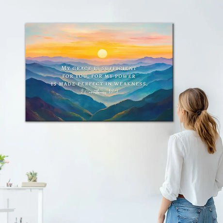 Christian wall art canvas: "My grace is sufficient for you" 2 Corinthians 12:9. Inspirational Bible verse decor.