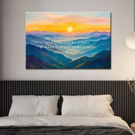 Inspirational Christian wall art: 2 Corinthians 12:9 Bible verse. A meaningful gift for faith-filled home decor.