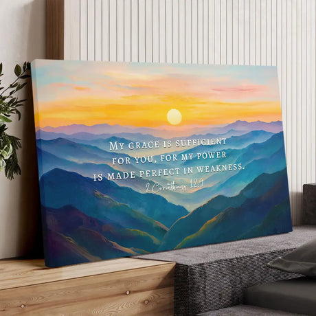 Bible verse wall decor with 2 Corinthians 12:9: "My grace is sufficient for you." Perfect Christian home decoration.