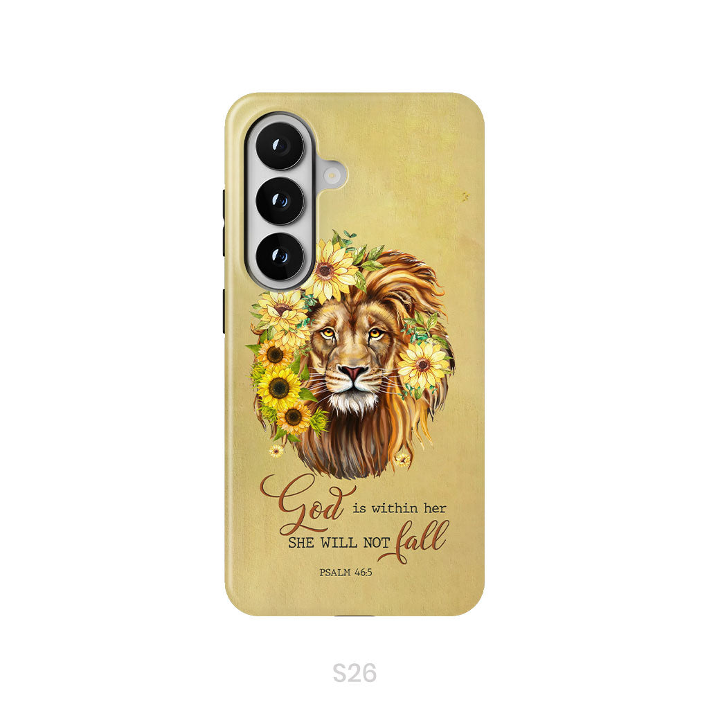Christian phone cases: God is within her she will not fall sunflower lion phone case