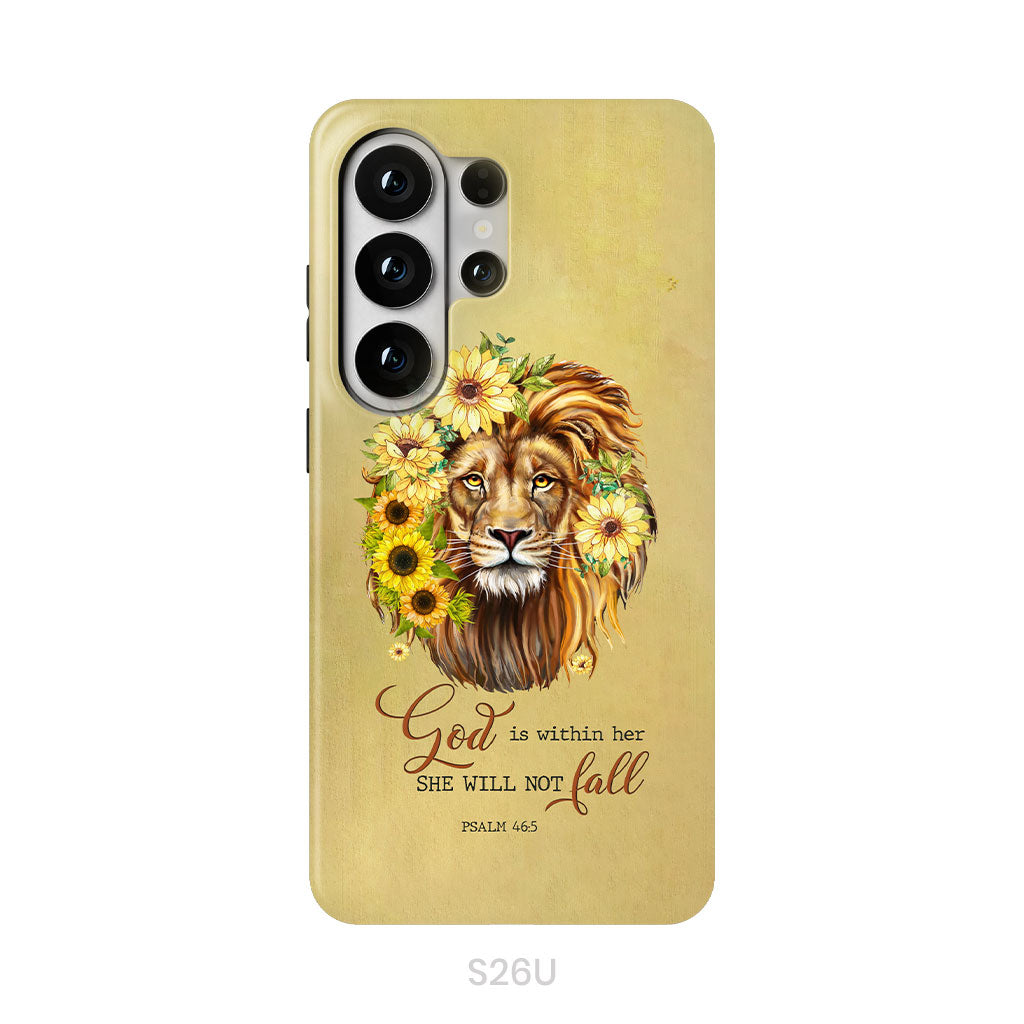 Christian phone cases: God is within her she will not fall sunflower lion phone case