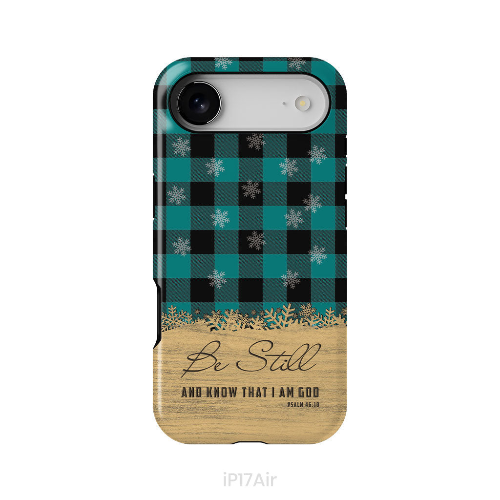 Be still and know that I am God, teal black buffalo plaid, Christmas phone case