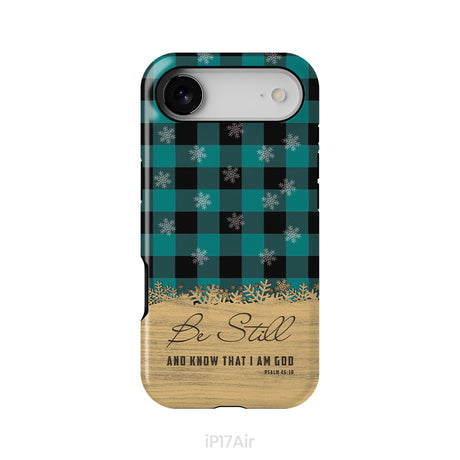 Be still and know that I am God, teal black buffalo plaid, Christmas phone case