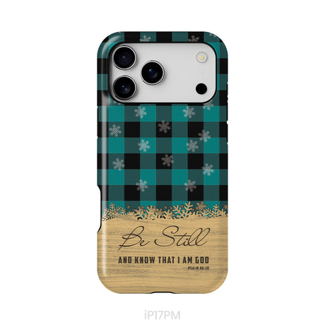 Be still and know that I am God, teal black buffalo plaid, Christmas phone case