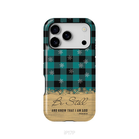 Be still and know that I am God, teal black buffalo plaid, Christmas phone case