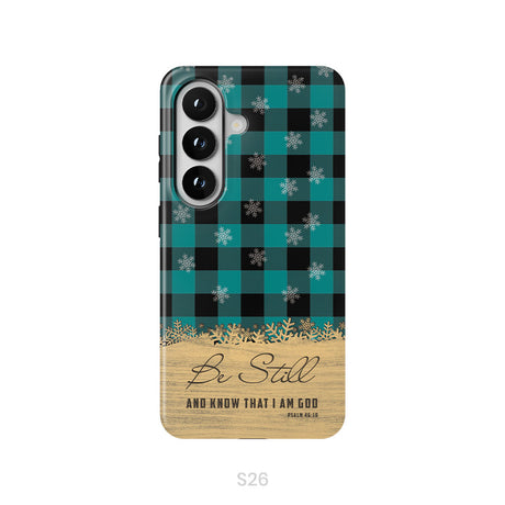 Be still and know that I am God, teal black buffalo plaid, Christmas phone case