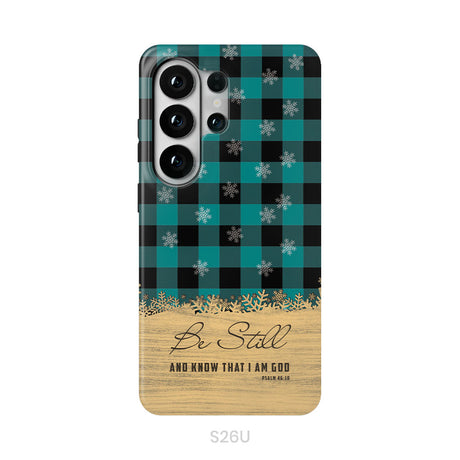 Be still and know that I am God, teal black buffalo plaid, Christmas phone case