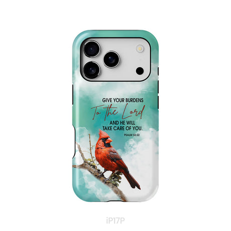 Give Your Burdens to the Lord Psalm 55:22, Cardinal Bird, Phone Case