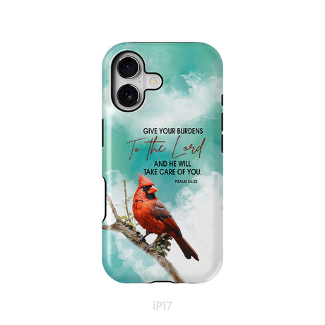 Give Your Burdens to the Lord Psalm 55:22, Cardinal Bird, Phone Case