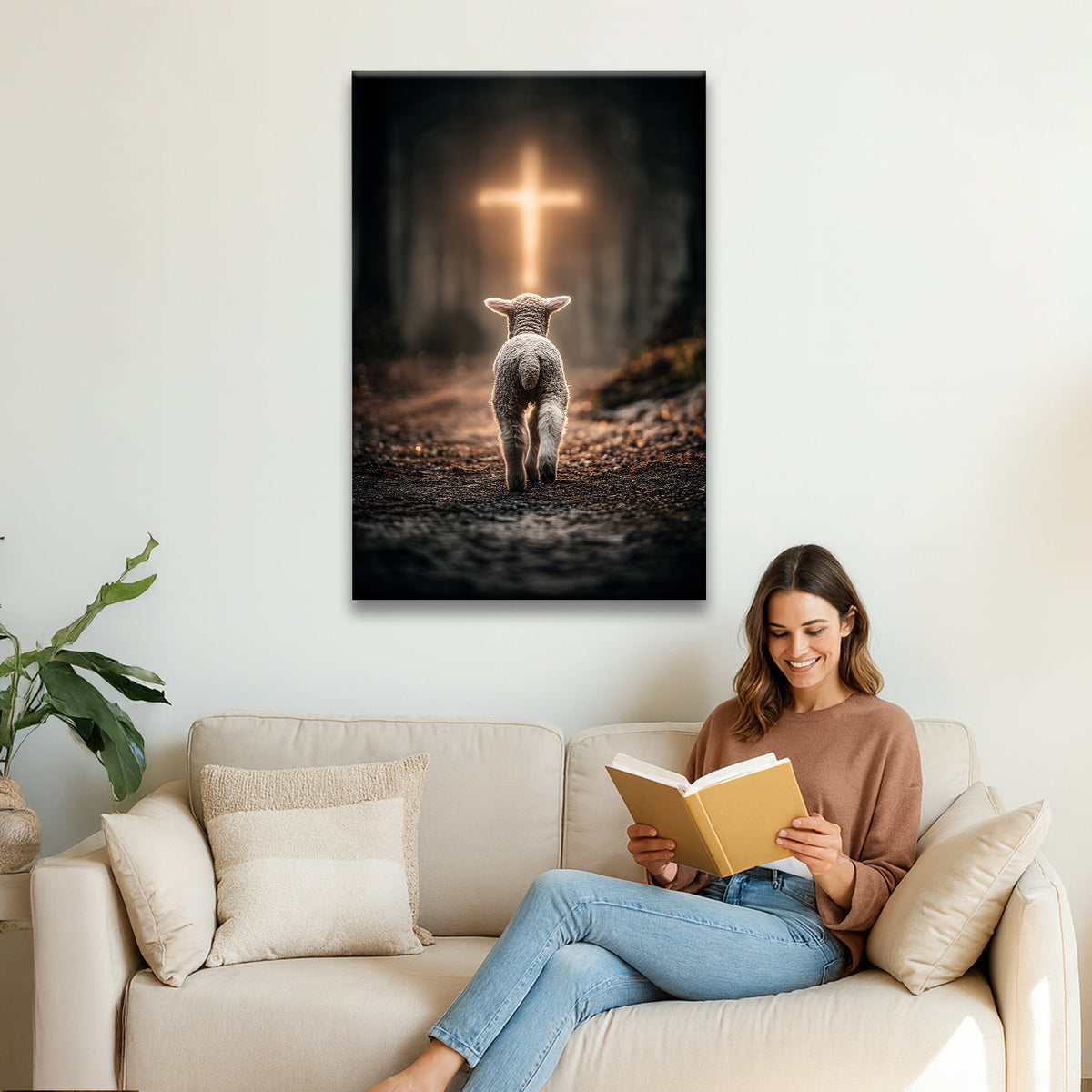 Lamb Walking Toward the Glowing Cross – Christian Wall Art Canvas - Christian Gifts