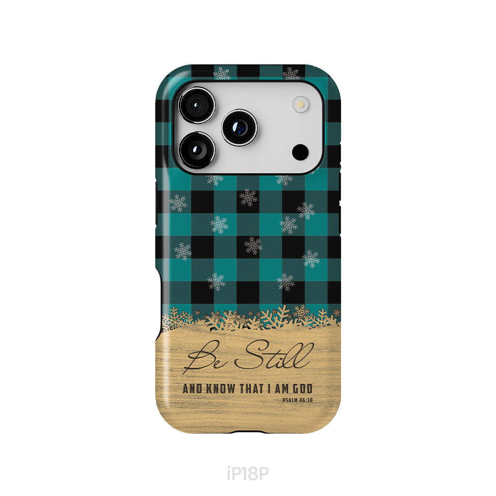 Be still and know that I am God, teal black buffalo plaid, Christmas phone case