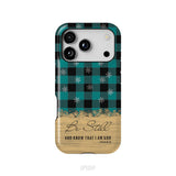 Be still and know that I am God, teal black buffalo plaid, Christmas phone case