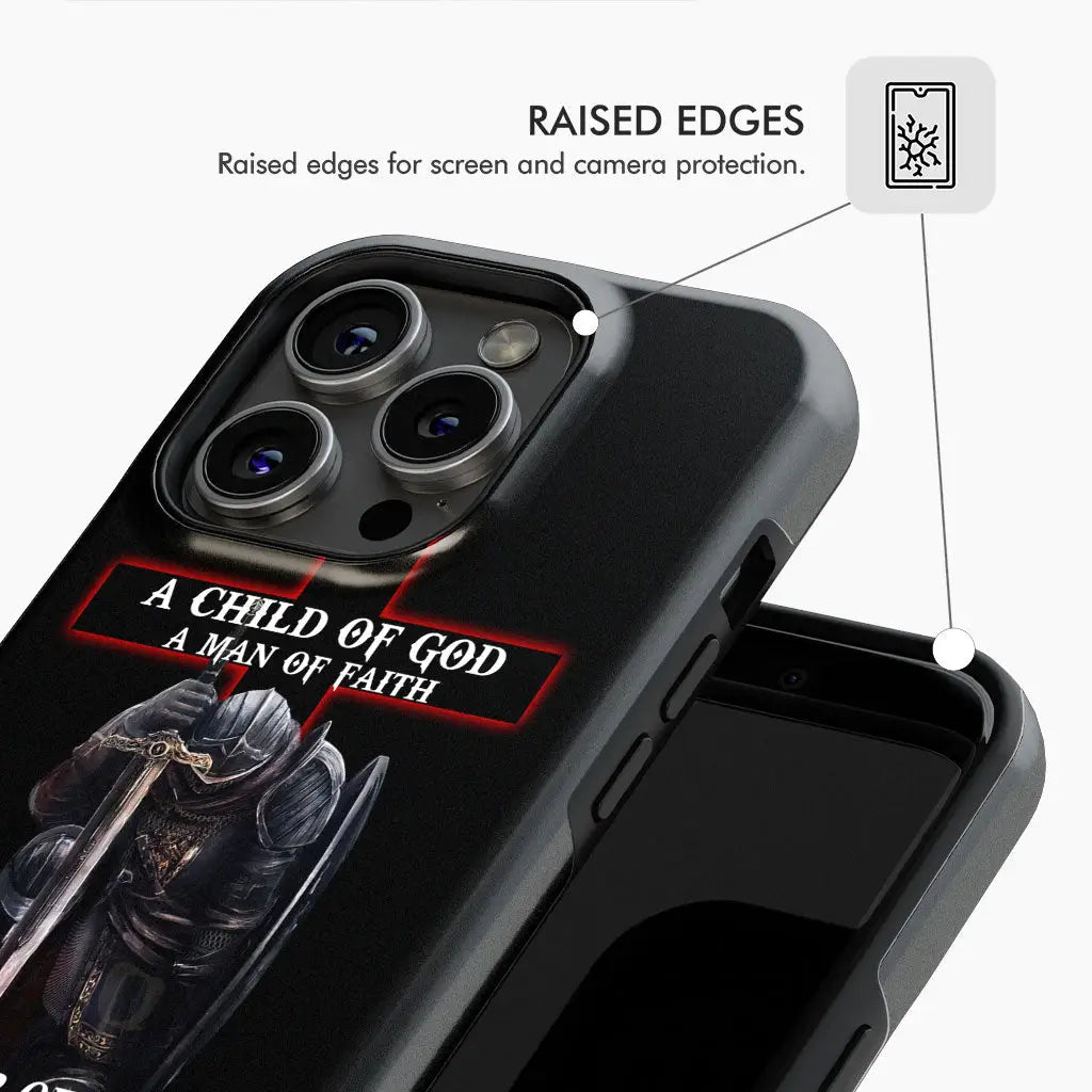 Inspirational phone case with "Child of God Man of Faith Warrior of Christ" and personalized name, ideal for Christian gifts.