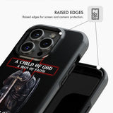 Inspirational phone case with "Child of God Man of Faith Warrior of Christ" and personalized name, ideal for Christian gifts.
