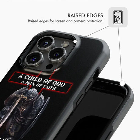 Inspirational phone case with "Child of God Man of Faith Warrior of Christ" and personalized name, ideal for Christian gifts.
