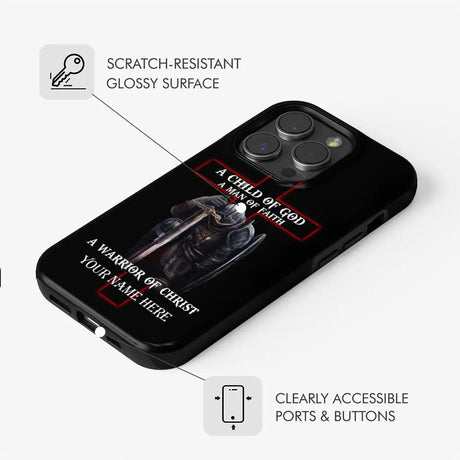 Faith-based phone case featuring "Child of God Man of Faith Warrior of Christ" and custom name, great for religious gifts.