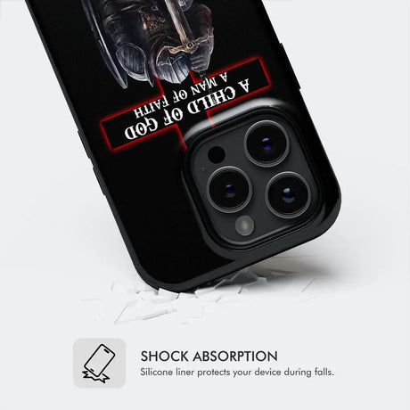 Customizable Christian phone case with "Child of God Man of Faith Warrior of Christ" and name, perfect for expressing faith.