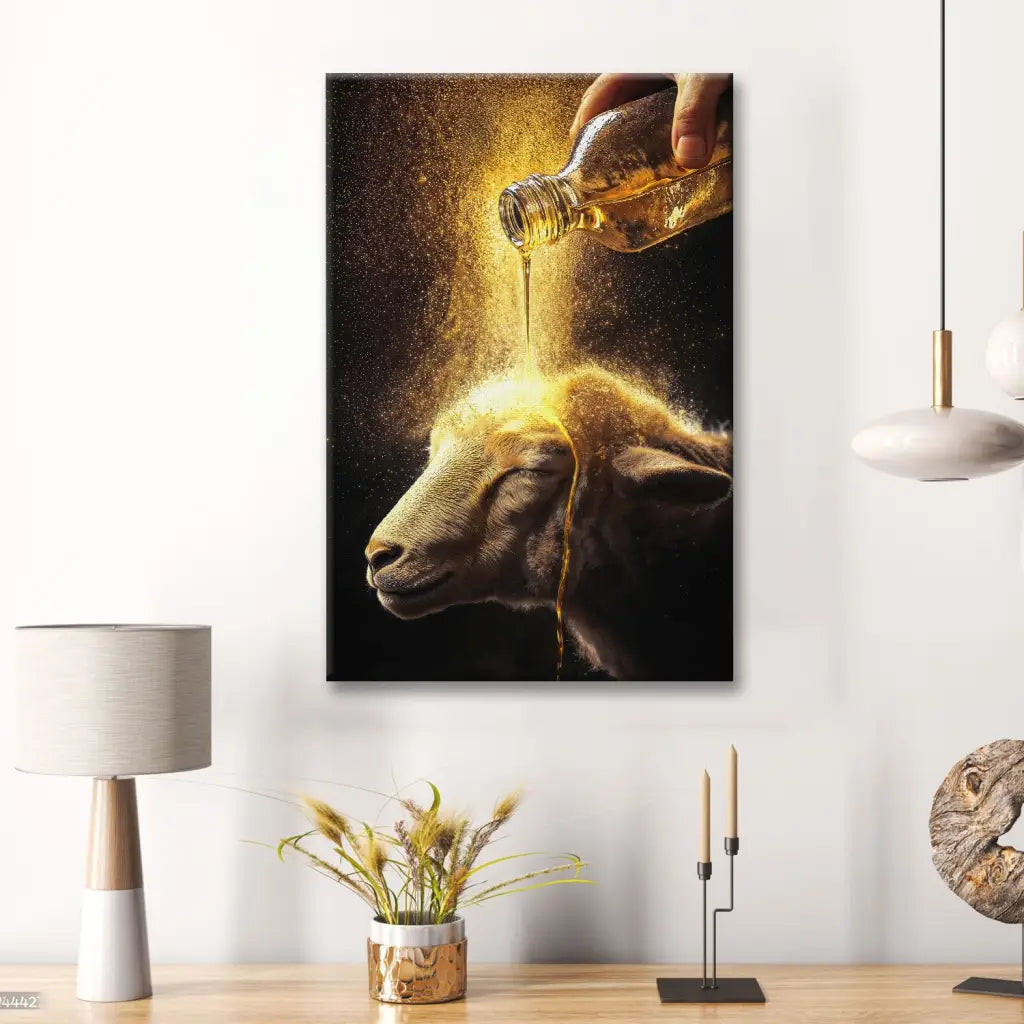 A lamb anointed with oil: Beautiful Christian artwork on a wall art canvas. Ideal for religious home decor.