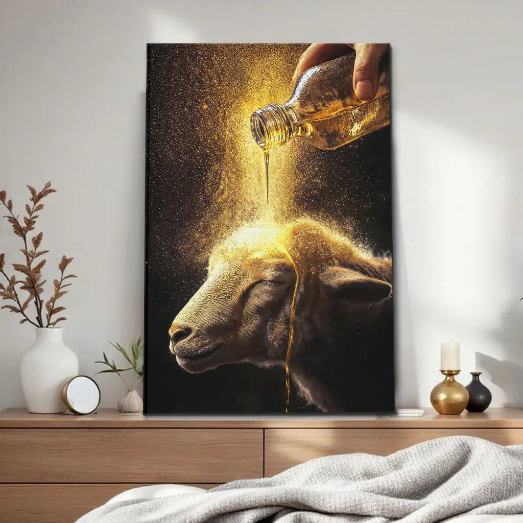 Inspirational Christian wall art: A lamb anointed with oil. Faith-filled decor and a meaningful gift for loved ones.