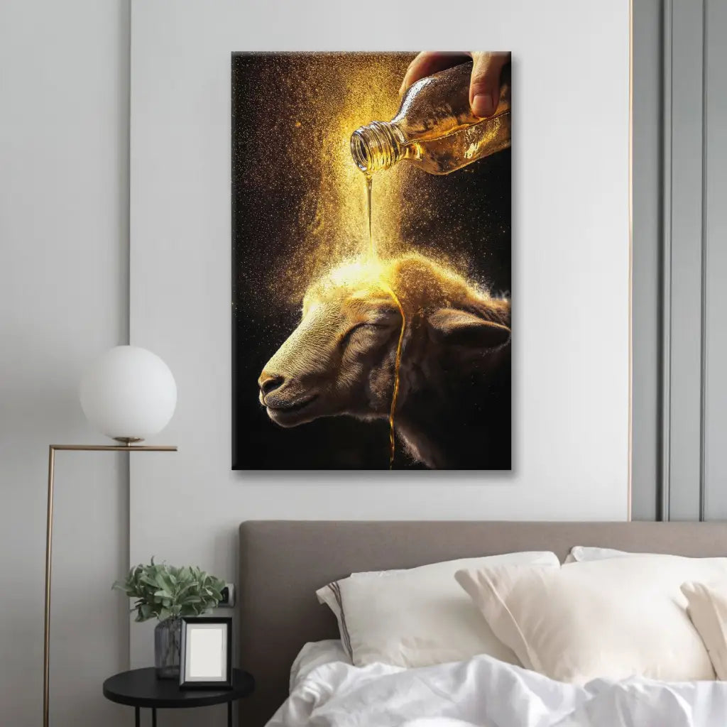 Christian home decor featuring a lamb anointed with oil. Uplifting wall art canvas for faith-based inspiration.
