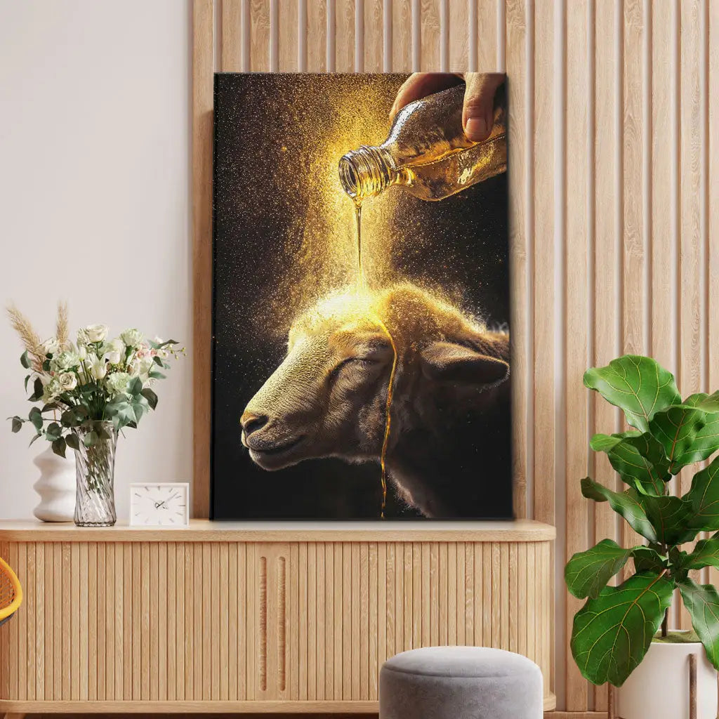 Faith-based canvas print featuring a lamb anointed with oil. Perfect Christian art for home or as a thoughtful gift.