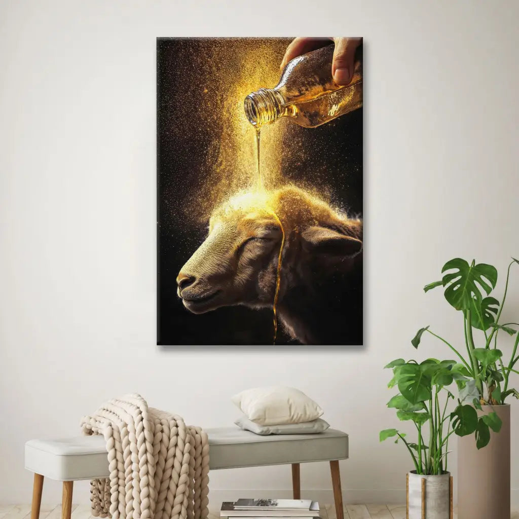 Christian wall art canvas: A lamb anointed with oil. Inspirational Christian artwork for home decor and gifts.