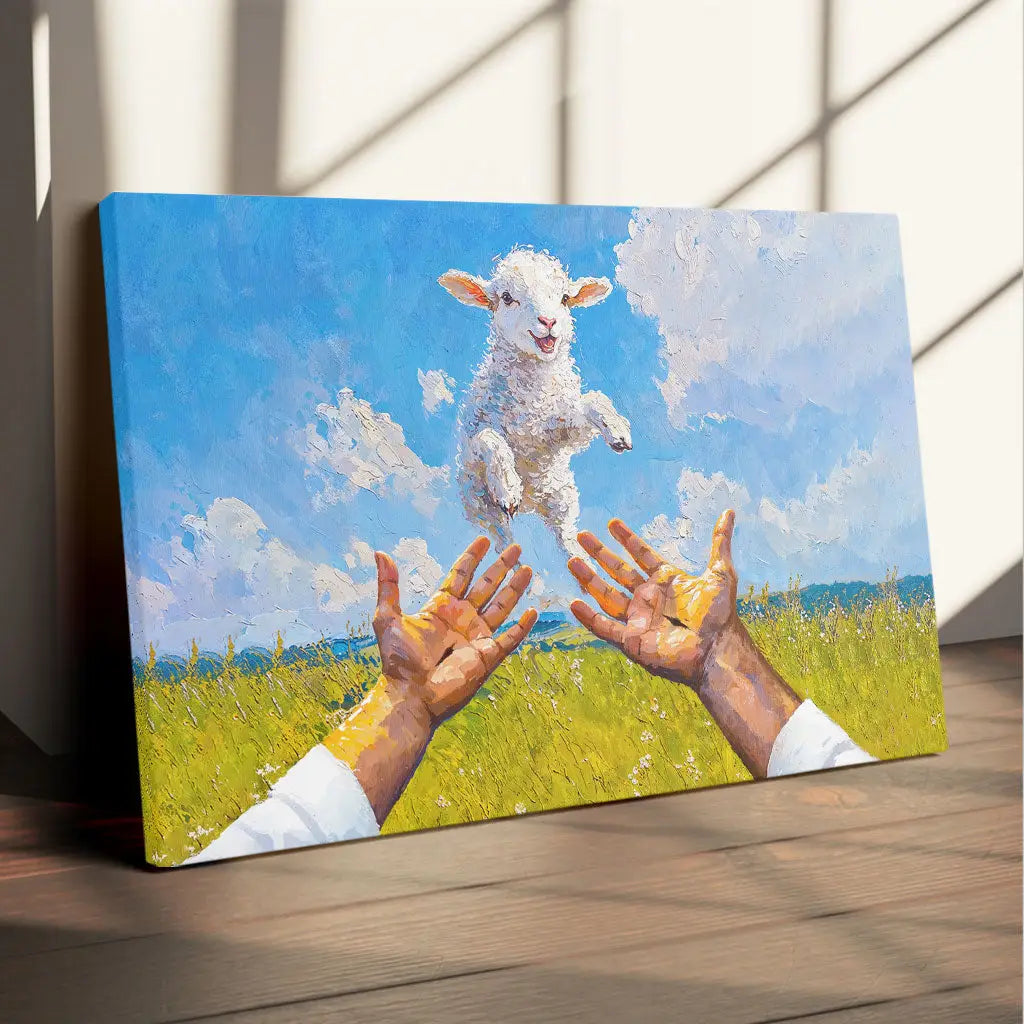 Jesus wall art canvas showing a lamb jumping into Jesus' embrace, a beautiful piece for Christian home decor.
