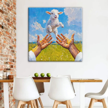 Square canvas showing a lamb embraced by Jesus, a touching piece for Christian home decor.