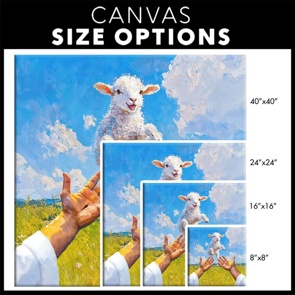 Christian wall art canvas with Jesus and a lamb, square size, perfect for meaningful faith-based decor / size options.