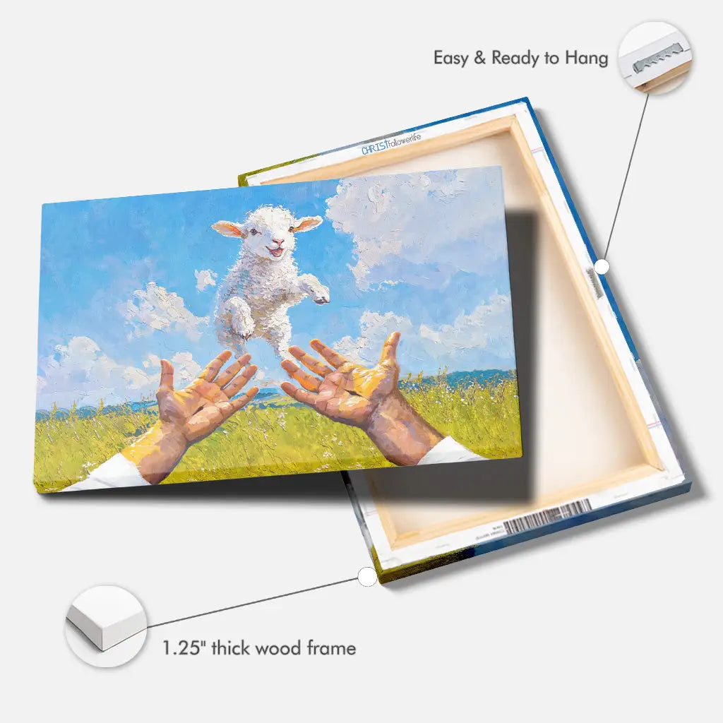 Inspirational Christian canvas with a lamb held by Jesus, perfect for meaningful wall decor and faith-based gifts.