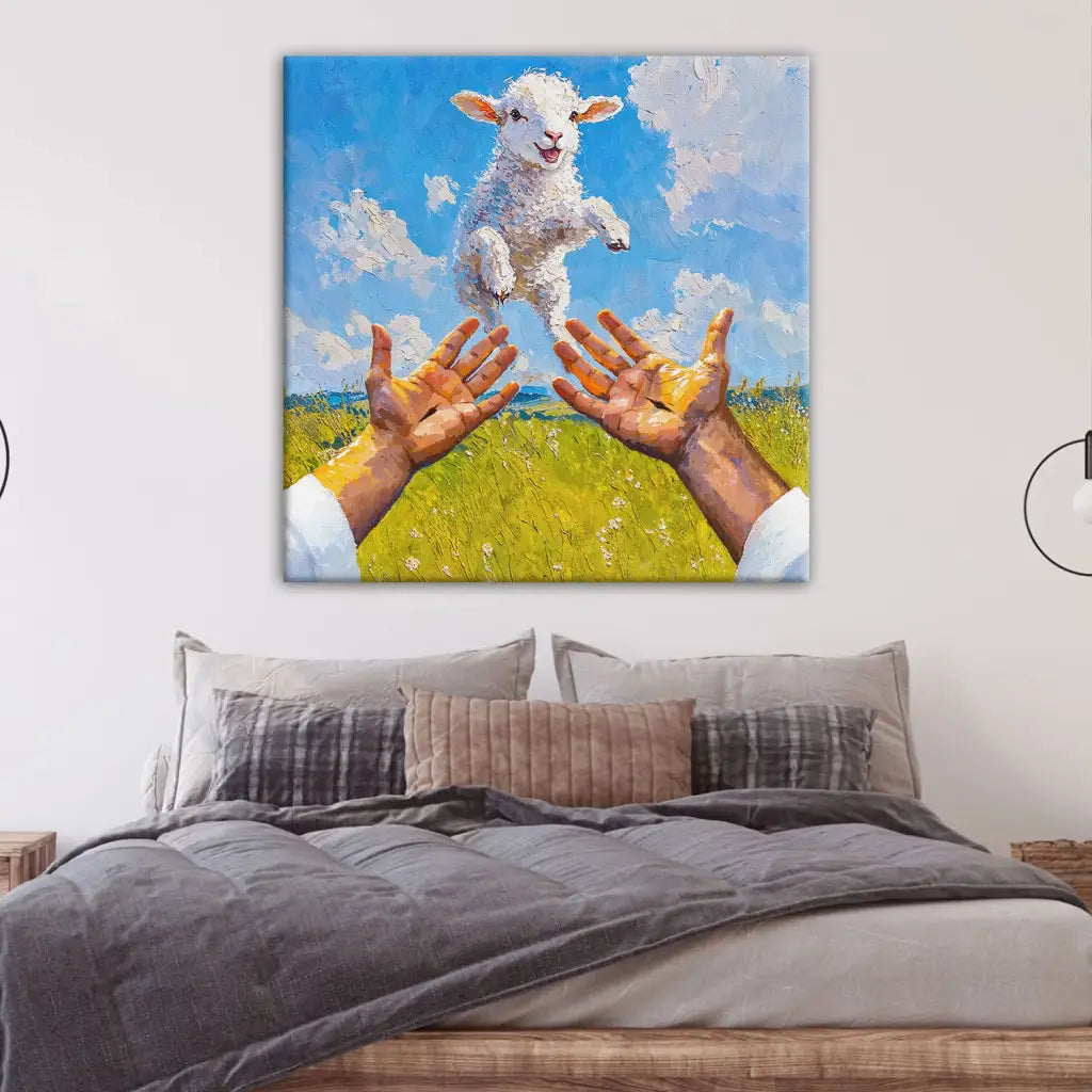 Christian artwork in a square format featuring a lamb in Jesus’ arms, perfect for inspirational wall decor.